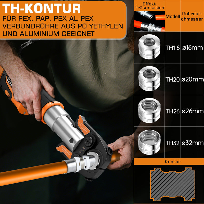 Battery-powered electrohydraulic crimping tool – automatic pressure control, TH & V press jaws