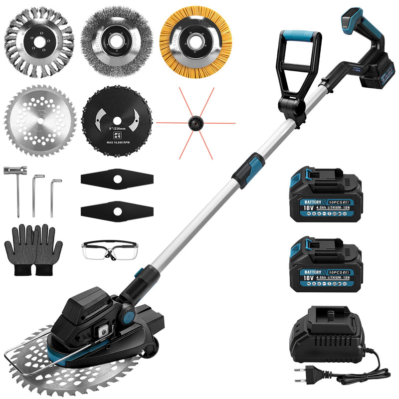 Cordless grass trimmer 18V brushless with 2x 4Ah battery, weed brush, saw blade, brush cutter, compatible with  battery, telescopic shaft 100–140 cm