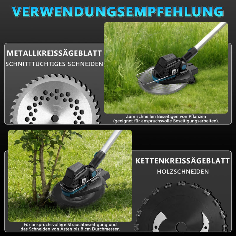 Cordless grass trimmer 18V brushless with 2x 4Ah battery, weed brush, saw blade, brush cutter,  battery compatible, telescopic shaft 100–140 cm