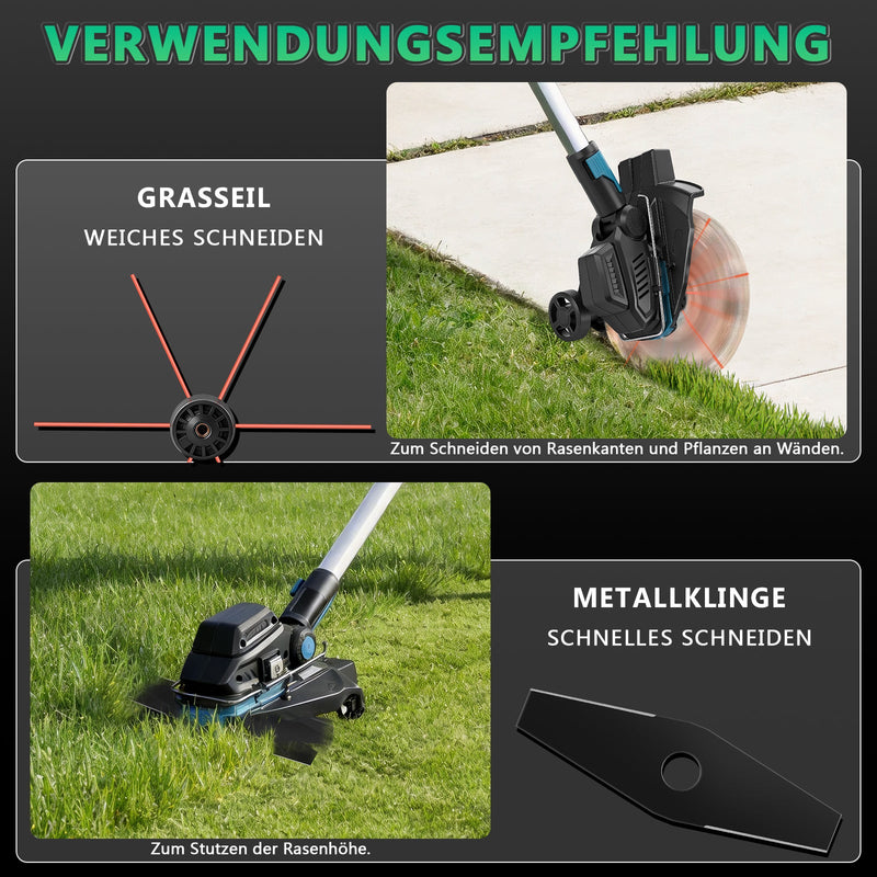 18V cordless brushless grass trimmer with weed brush, saw blade & metal blade, brush cutter, compatible with  battery, telescopic shaft 100–140 cm
