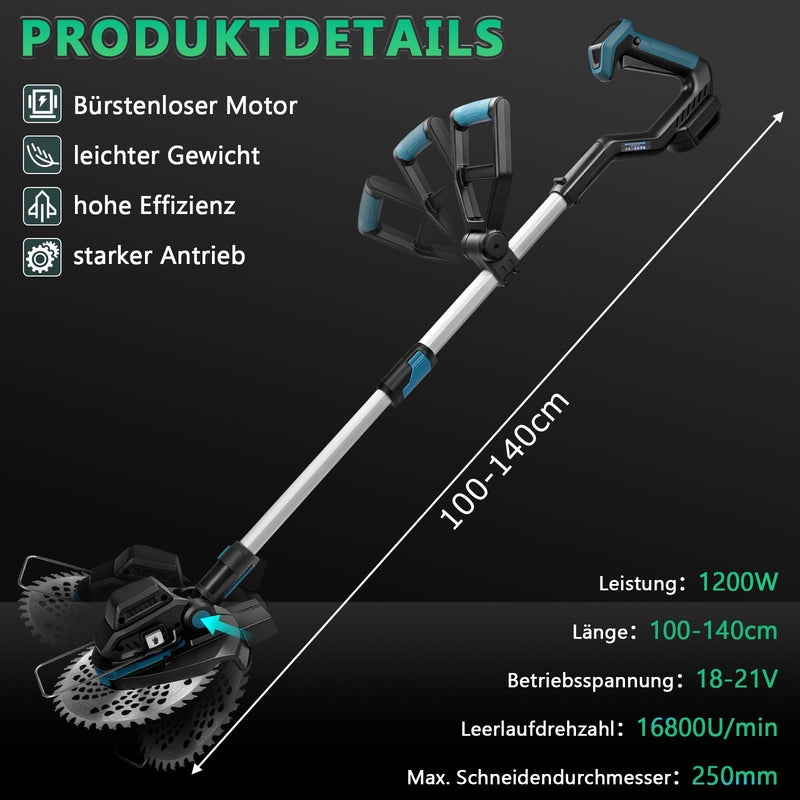 Cordless 18V brushless lawn trimmer with weed brush, saw blade & metal blade, battery-compatible brush cutter, telescopic shaft 100–140 cm