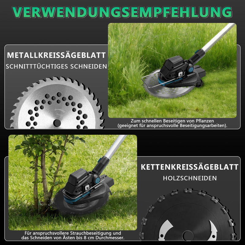 Cordless 18V brushless grass trimmer with weed brush, saw blade & metal blade, compatible with  battery, telescopic shaft 100–140 cm