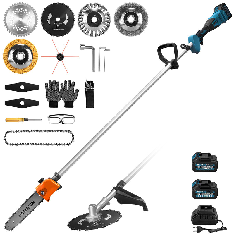 Cordless grass trimmer with pole pruner 1380W brushless 2x 4Ah battery brush cutter weed brush multifunction garden tool 4-in-1