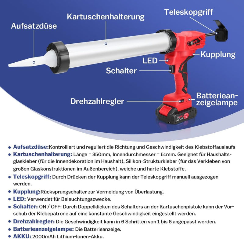 Automatic cartridge gun with LED lighting, variable speed & 7840 N pressure – ideal for silicone and glass bonding