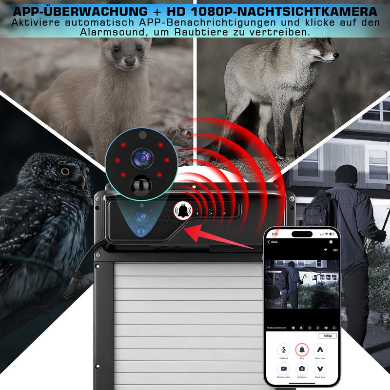 Automatic solar-powered chicken coop door with 1080P camera and app control