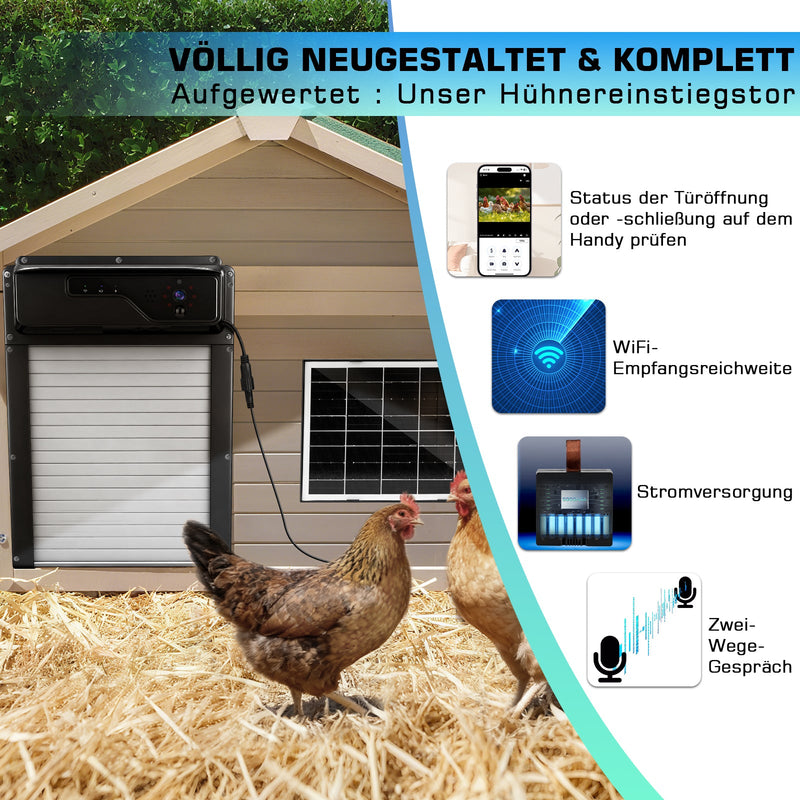 Automatic solar-powered chicken coop door with 1080P camera and app control