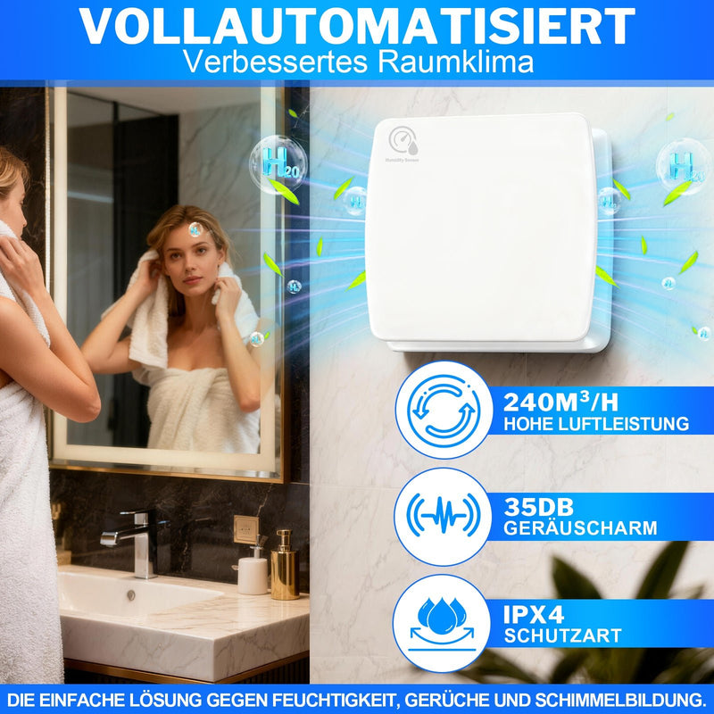 deumidificatore automatico con sensore di umidità e funzione di post-ventilazione – ventilatore silenzioso per bagno e cucina, protezione dagli spruzzi IPX4