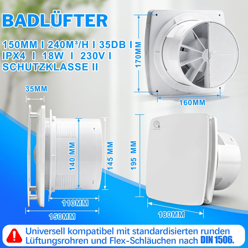 Deumidificatore automatico con sensore di umidità e funzione post-ventilazione – Ventola silenziosa per bagno e cucina, protezione dagli spruzzi IPX4