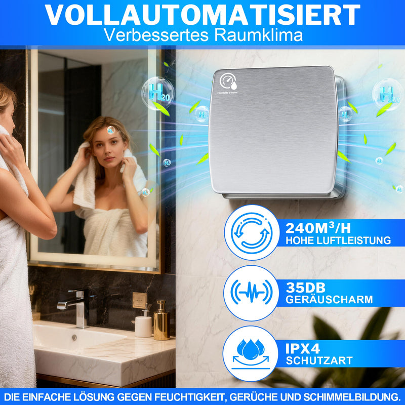 Automatisk affugter med indbygget hygrostat og efterløbstilstand – støjsvag badeværelses- og køkkenventilator, stænktæt efter IPX4