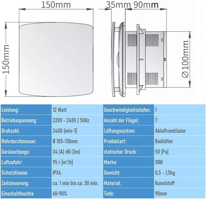 Bathroom fan Ø100mm with timer – Quiet (34dB), energy-saving (12W), IPX4 splashproof for bathroom & toilet