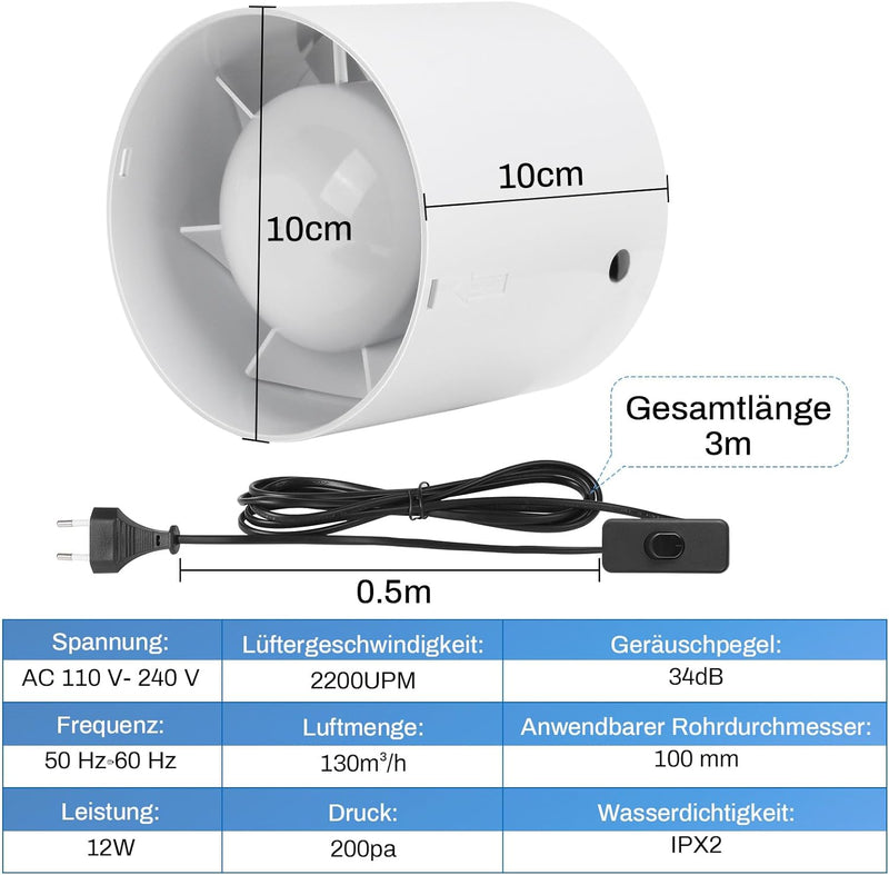 Badeværelsesventilator 100 mm – støjsvag, effektiv med tilbageslagsklap, overophedningsbeskyttelse til badeværelser og vådrum