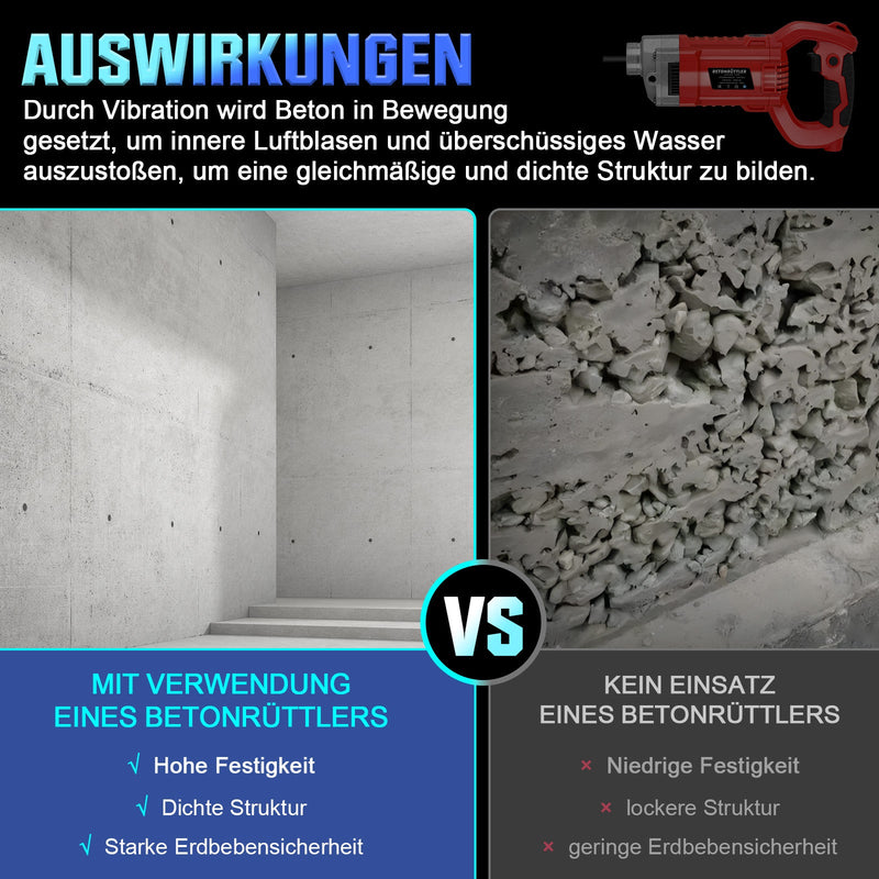 Betonvibrator 2100W med 38 mm vibrationshoved – til fundamenter, byggearbejde og gulvplader