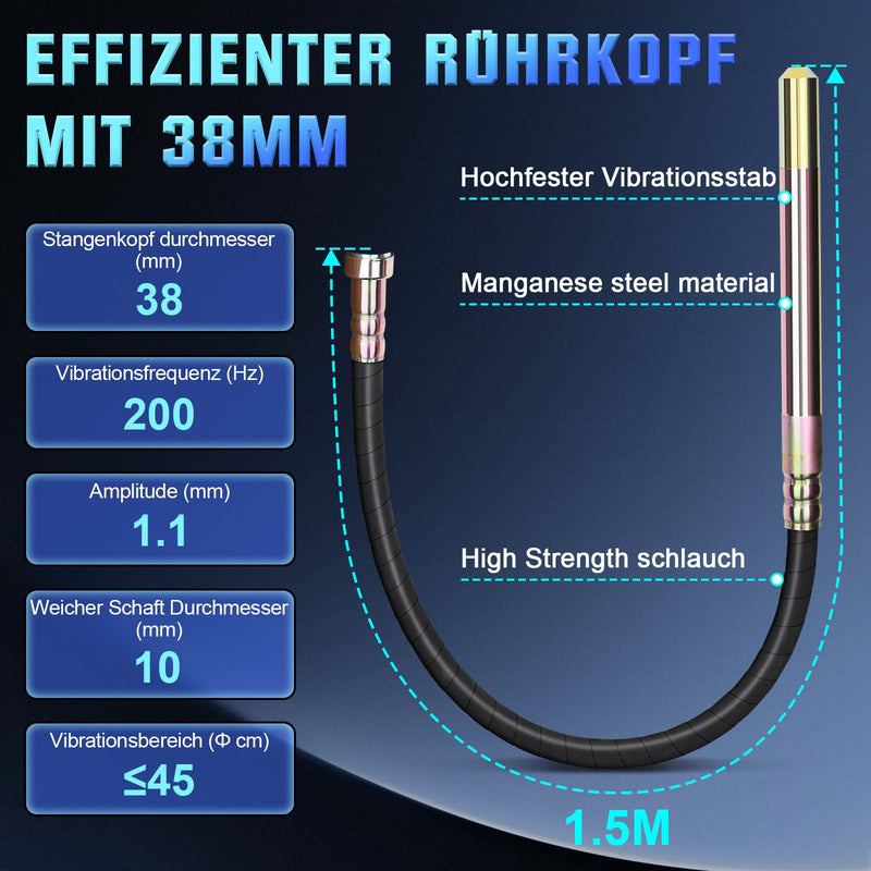 Betonvibrator 2100W med 38 mm vibrerende hoved – til fundamenter, byggearbejde og gulvplader