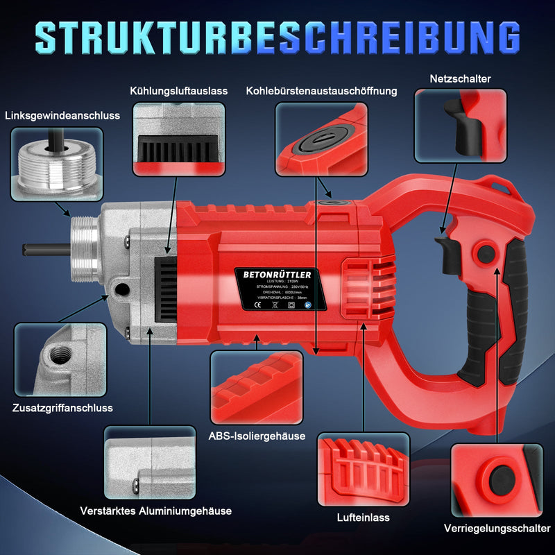 Betonvibrator 2100W med 38 mm vibrationshoved – til fundamenter, byggearbejde og gulvplader