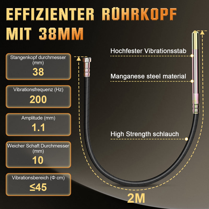 Vibrador de hormigón 2100W con cabezal vibratorio de 38 mm – Para cimientos, losas y trabajos de construcción