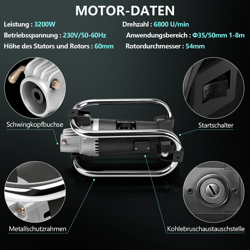 Betontriller 3200W – motor van zuiver koper, kop van 50mm, flexibele as van 4m, 30 min continu gebruik