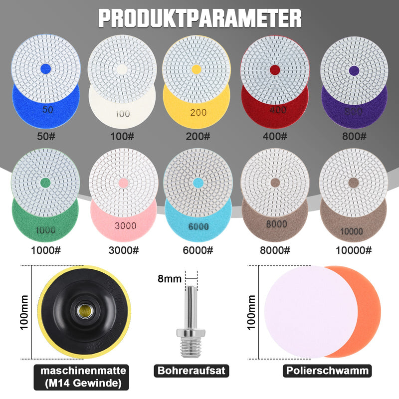 Diamant Polishing Disc Set – 12-Piece with M14 Accessories & Drill Attachment