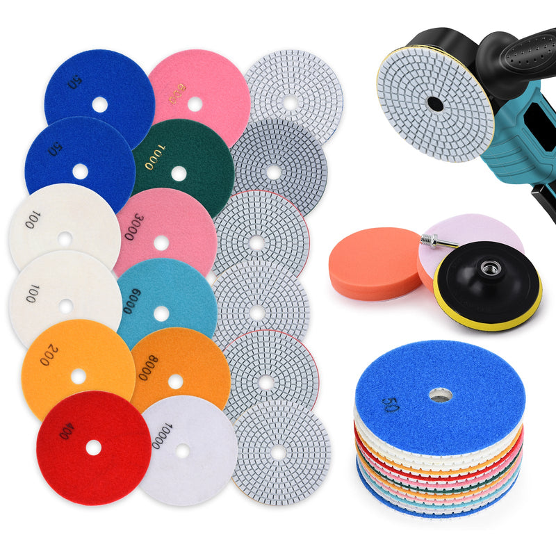 14-piece diamond polishing disc set | 50-10000 grit | for stone & granite | with M14 and drill adapter