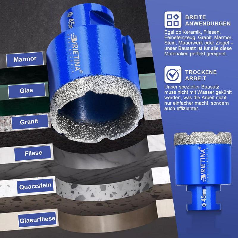 Diamantati a secco M14 – 16–150 mm per piastrelle, granito e gres porcellanato – 23 misure