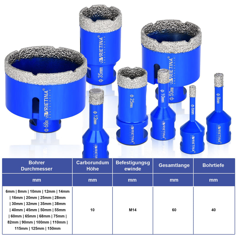 Punte a secco diamantate M14 – 16–150 mm per piastrelle, granito e gres porcellanato – 23 misure