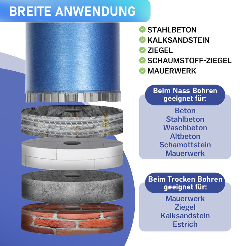 Diamond core drill bit with 10 mm turbo segment | 1 ¼ UNC mount | usable length 415 mm | Ø 52 mm - Ø 200 mm |