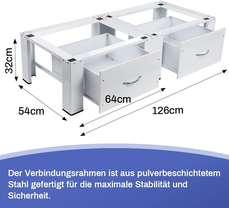 Double pedestal for washing machines and dryers with drawers, max. 300kg | 126x54cm