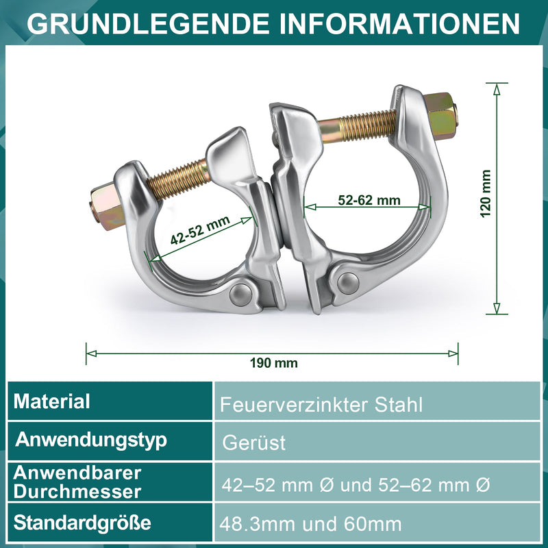 Telineen kiertoliitin 2 kpl – 42–62 mm putkiliitin, 360° kääntyvä, sinkitty