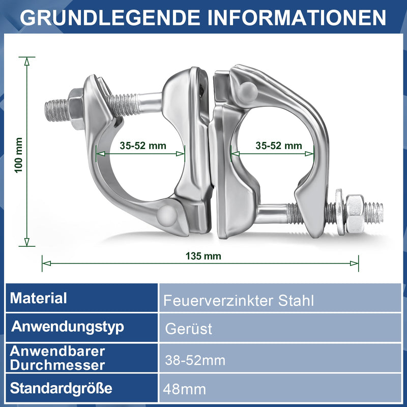 Swivel Coupling Scaffold 4-Pack – 360° pipe coupling for 45 - 50mm scaffold tubes, galvanized, durable & corrosion-resistant