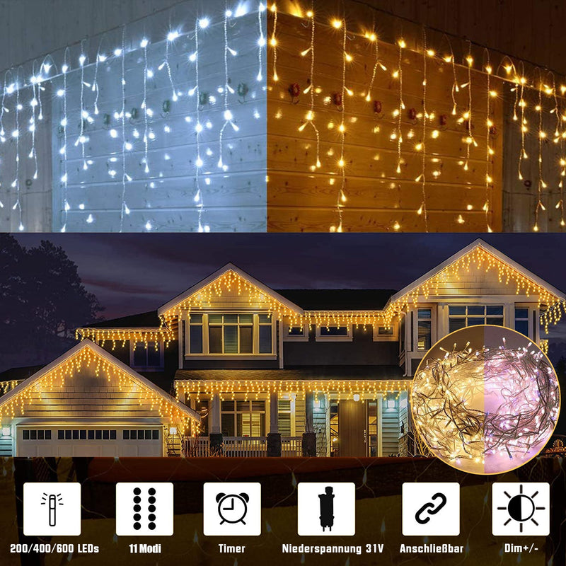 Icicle string lights – IP44 waterproof, 11 modes, dimmable, timer & memory function