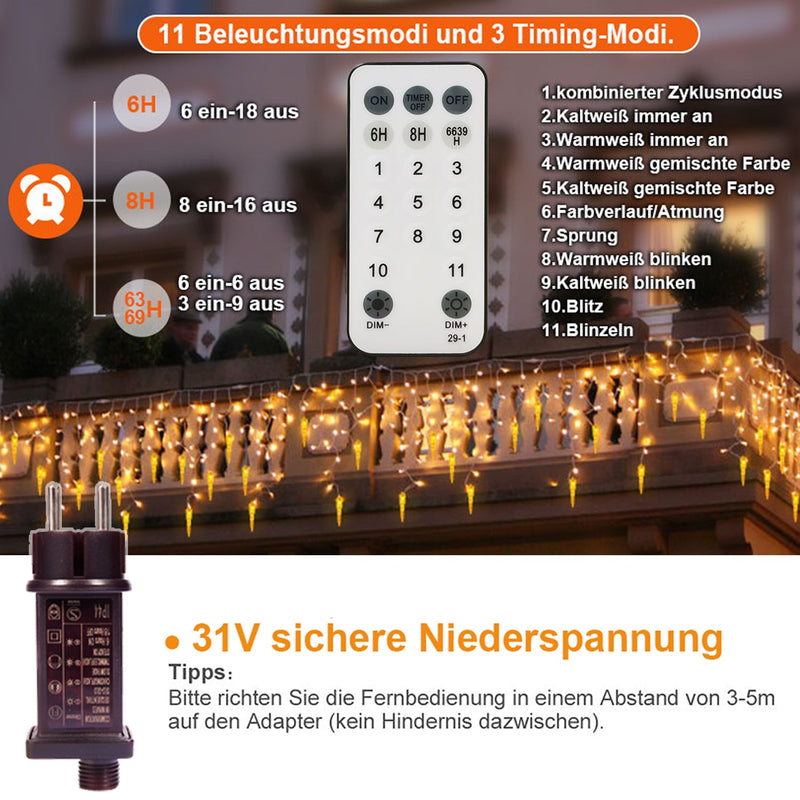 Icicle string lights – IP44 waterproof, 11 modes, dimmable, timer & memory function