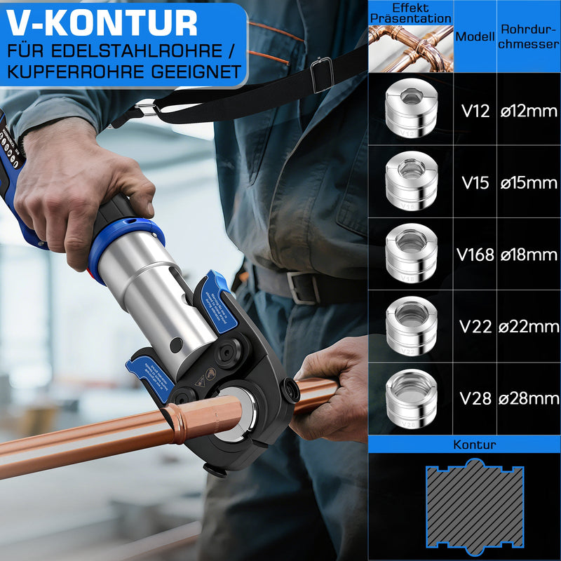 Elektrisk press­tång elektrohydraulisk med automatisk tryckavlastning & batteri – TH- & V-pressbackar för koppar-, rostfria & kompositrör