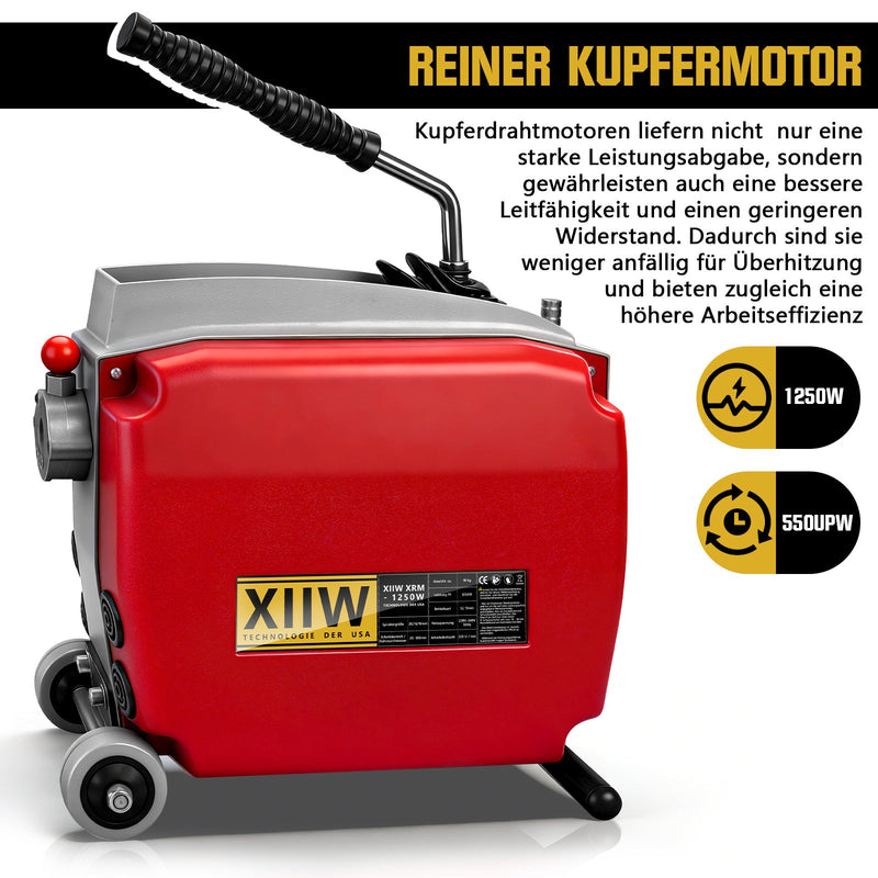 Elektrische Rohrreinigungsmaschine 1250W mit 14m Ø22mm Manganstahlfeder & Schneidköpfen Profi 20–200mm