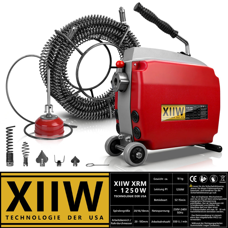 Elektrische Rohrreinigungsmaschine 1250W mit 14m Ø22mm Manganstahlfeder & Schneidköpfen Profi 20–200mm