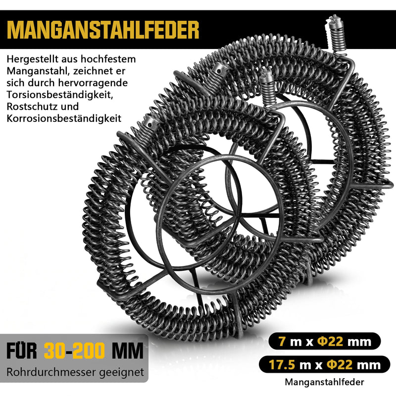 Máquina eléctrica desatascadora de tuberías 1250W con muelle de acero al manganeso de 22mm y cabezales de corte para tuberías de 20–200mm, limpiador profesional de tuberías