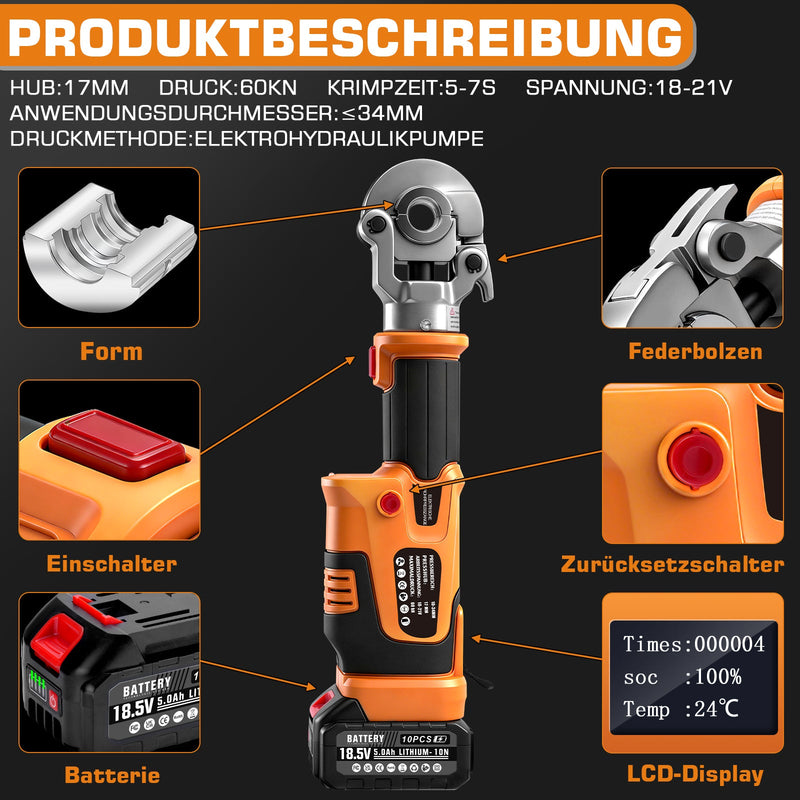 Electro-hydraulic crimping tool with battery & automatic pressure control, TH/V profiles