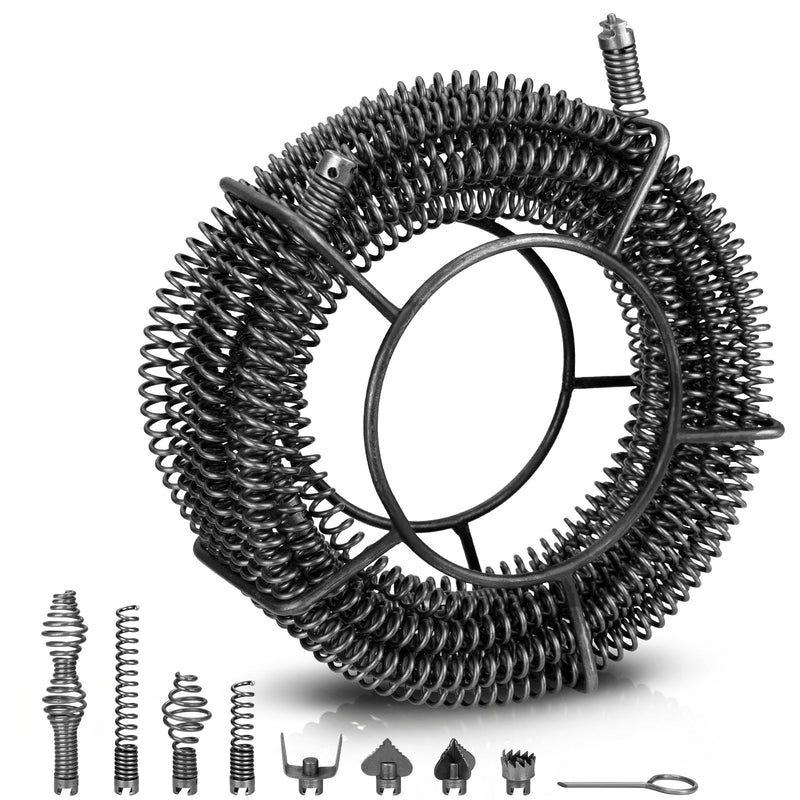 Φ16 mm pipe cleaning spiral 15 m with quick-change cutter head set, manganese steel, drain cleaner for pipes 32–100 mm