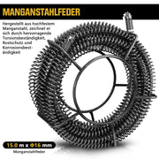 Φ16 mm pipe cleaning spiral, 15m, with quick-change cutting head set, manganese steel, drain cleaner for pipes 32–100 mm