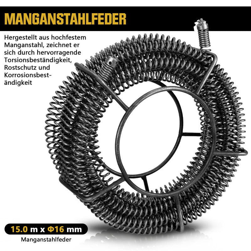 Φ16 mm pipe cleaning spiral, 15m, with quick-change cutting head set, manganese steel, drain cleaner for pipes 32–100 mm