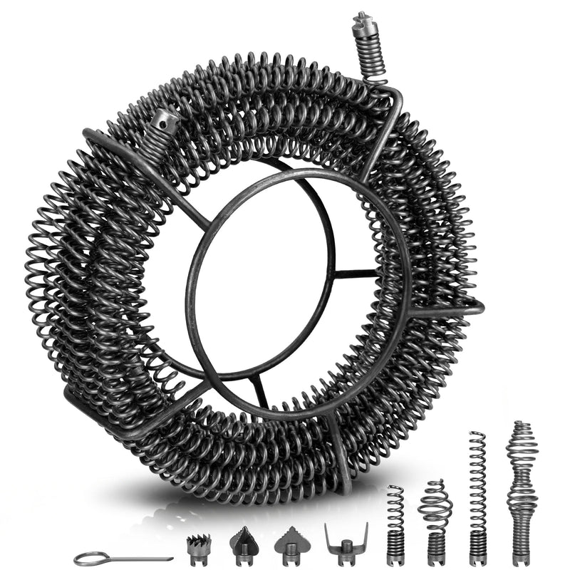 Φ16 mm drain cleaning auger, 15 m, with quick-change cutter head set, manganese steel, pipe cleaner for pipes 32–100 mm