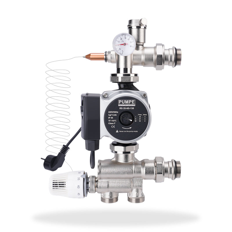 Fixed-value control set for underfloor heating with mixing valve, circulation pump & thermostat