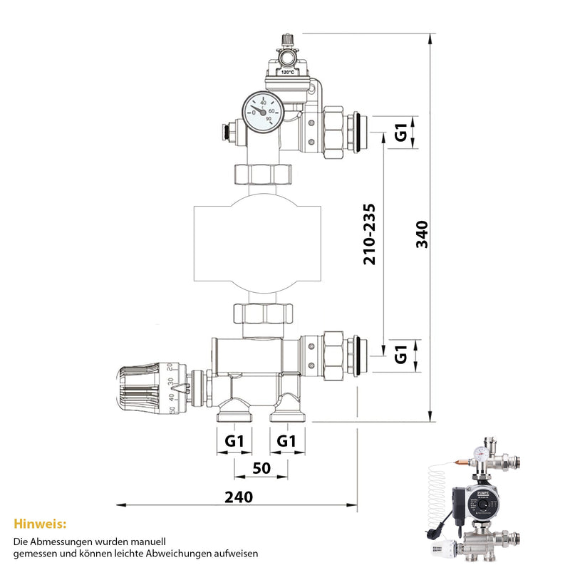 Fixed-value underfloor heating control set with mixing valve, circulation pump & thermostat