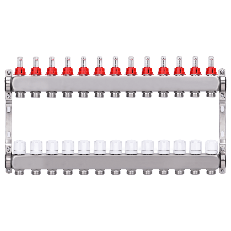 Underfloor heating manifold, 2 circuits | stainless steel, flow meters & air vent