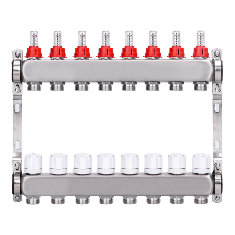 Underfloor heating manifold, 2 heating circuits | stainless steel, flow meter & air vent