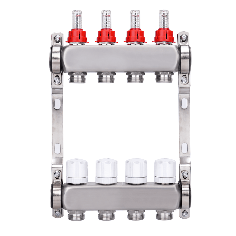 Underfloor heating manifold, 2 circuits | stainless steel, flow meters & air vent