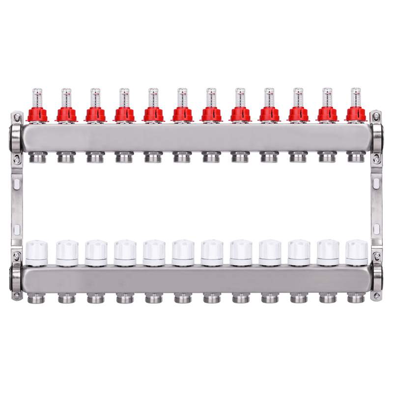 Underfloor heating manifold, 2 heating circuits | stainless steel, flow meter & air vent