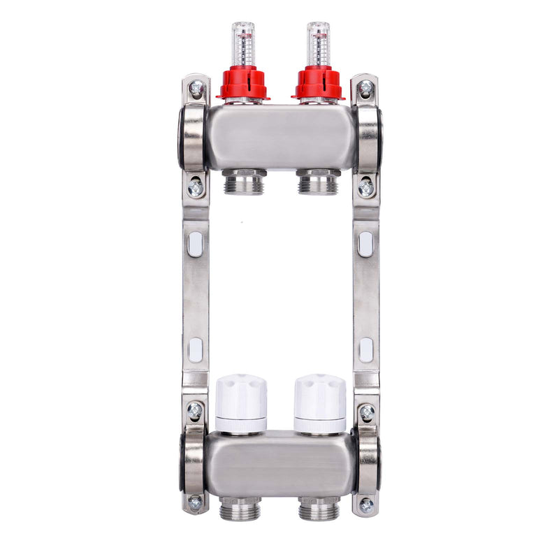 Underfloor heating manifold, 2 circuits | Stainless steel, flow meter & air vent