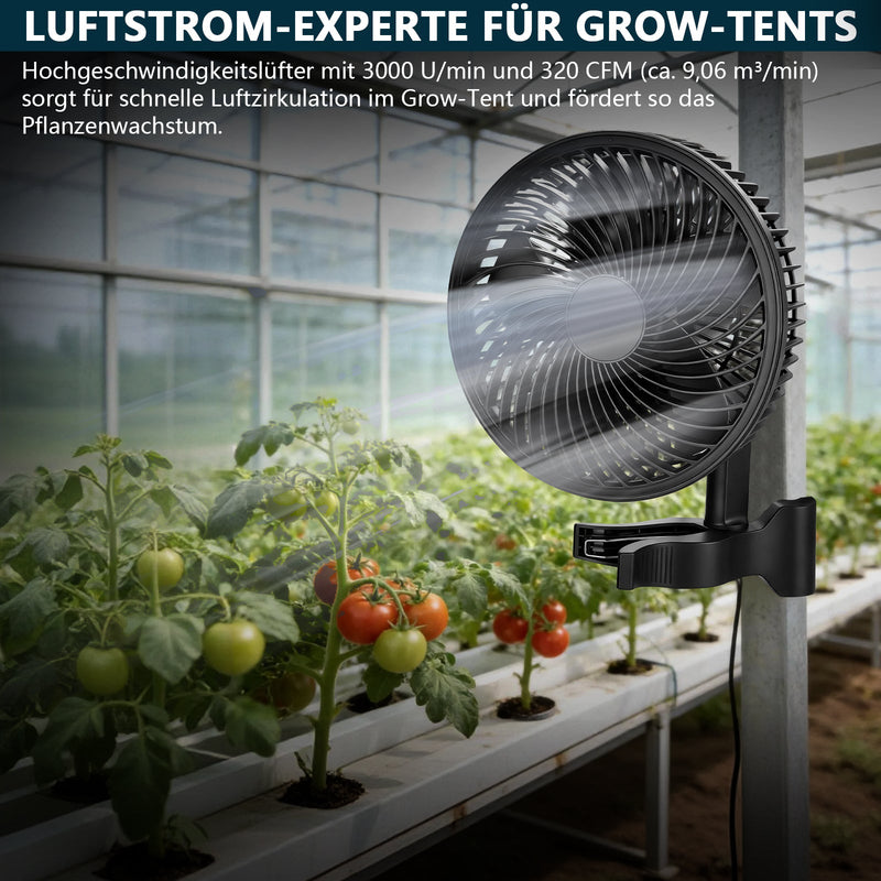 Grow circulation fan 320 CFM – quiet clip-on fan with EC motor, 10 speeds, oscillation, IP44