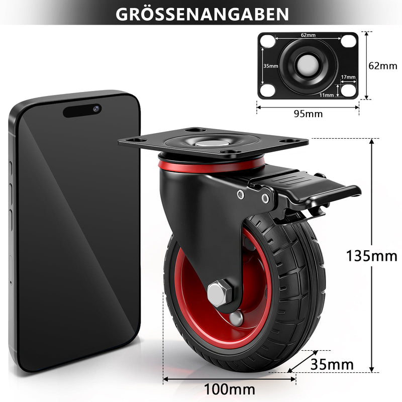 Industrie - Set de roulettes pivotantes 100 mm – caoutchouc plein, capacité de charge 600 kg, 2 avec frein, pivotement 360°