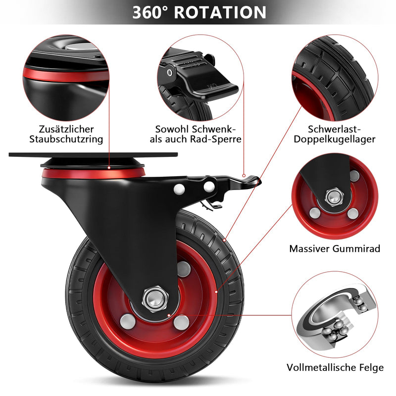 Industrie - Set de roulettes pivotantes 100 mm – caoutchouc plein, capacité de charge 600 kg, 2 avec frein, pivotantes à 360°