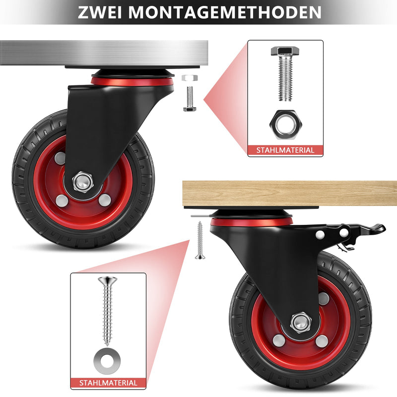 Industrie - Set de roulettes pivotantes 100 mm – caoutchouc plein, capacité de charge 600 kg, 2 avec frein, rotation 360°